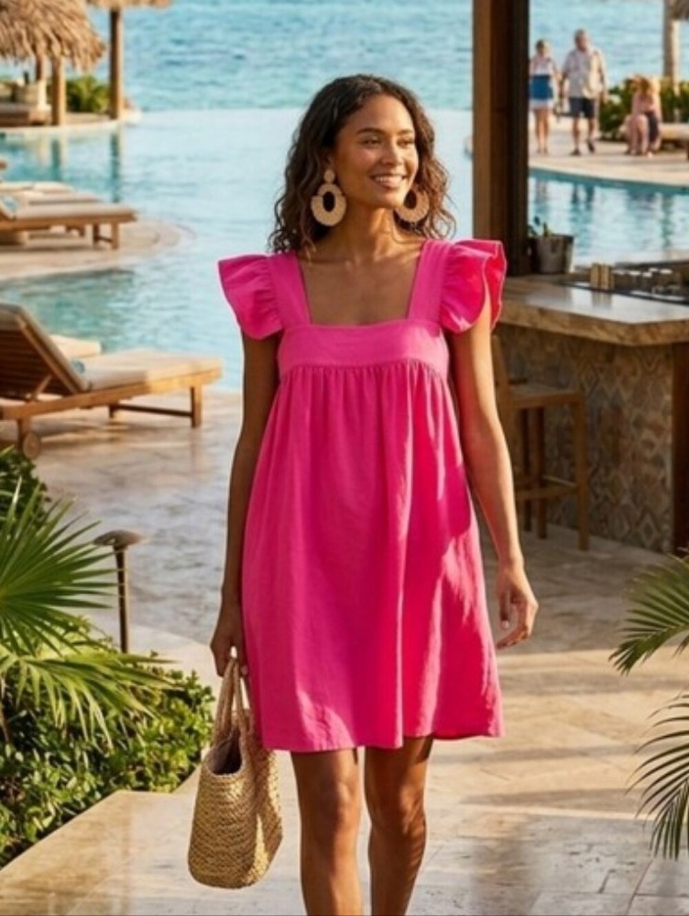 Pomander Place Bright Pink Square Neck Flutter Sleeve Dress In Small